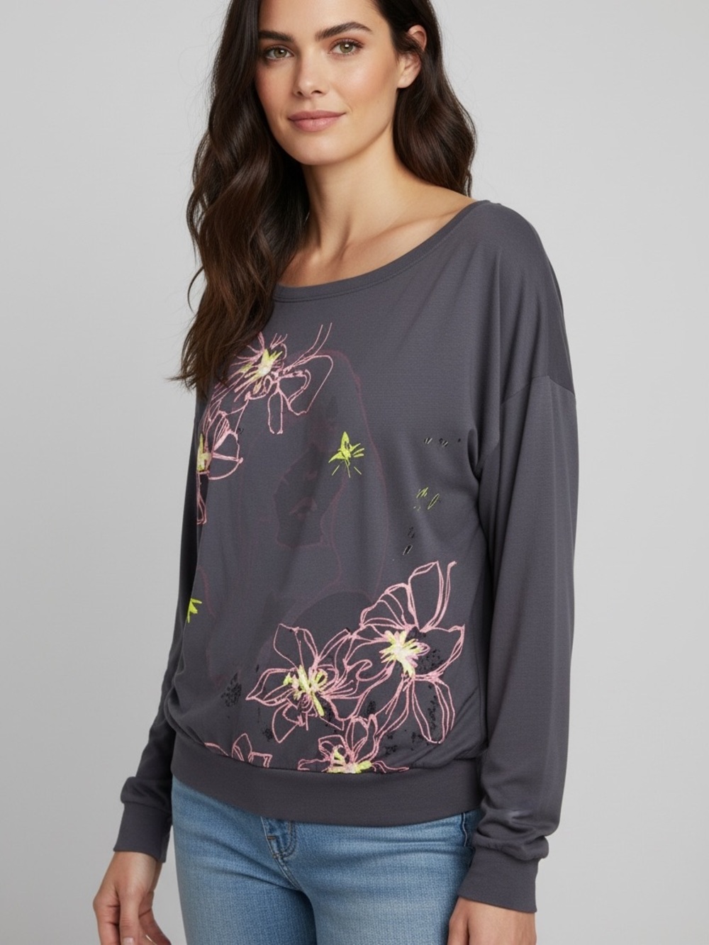 MANGO Scoop Neck Long Sleeve Grey T-Shirt Small